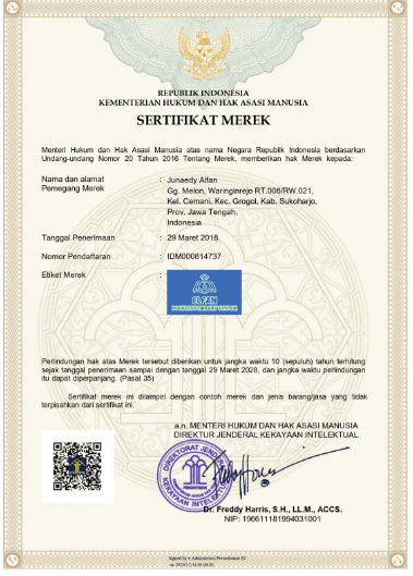 Sertifikat Merek ELFAN terdaftar resmi Kemenkumham RI